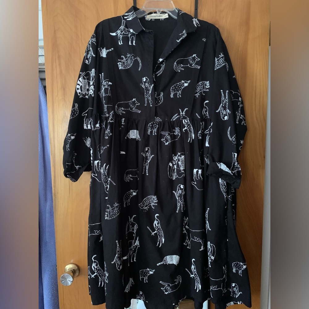 Adorable dress- black with white animals-L